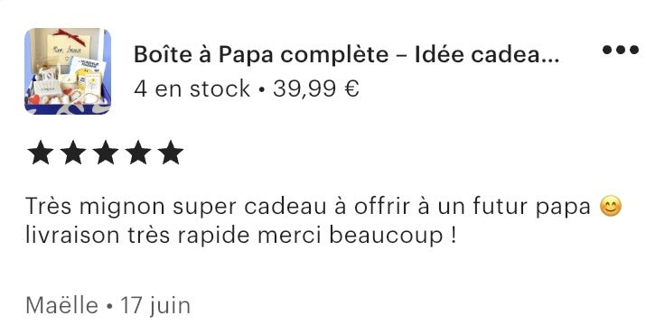 Capture d’écran d’un avis Etsy cinq étoiles sur une création KEUR.