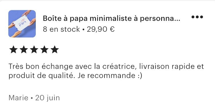 Capture d’écran d’un avis Etsy cinq étoiles sur une création KEUR.