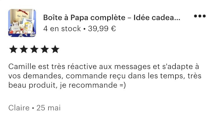 Capture d’écran d’un avis Etsy cinq étoiles sur une création KEUR.