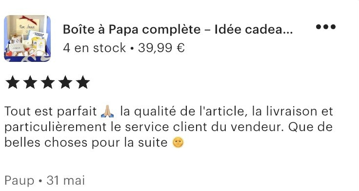 Capture d’écran d’un avis Etsy cinq étoiles sur une création KEUR.