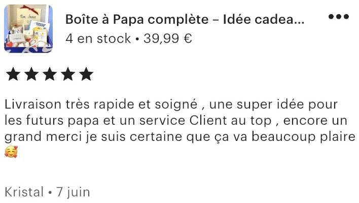 Capture d’écran d’un avis Etsy cinq étoiles sur une création KEUR.