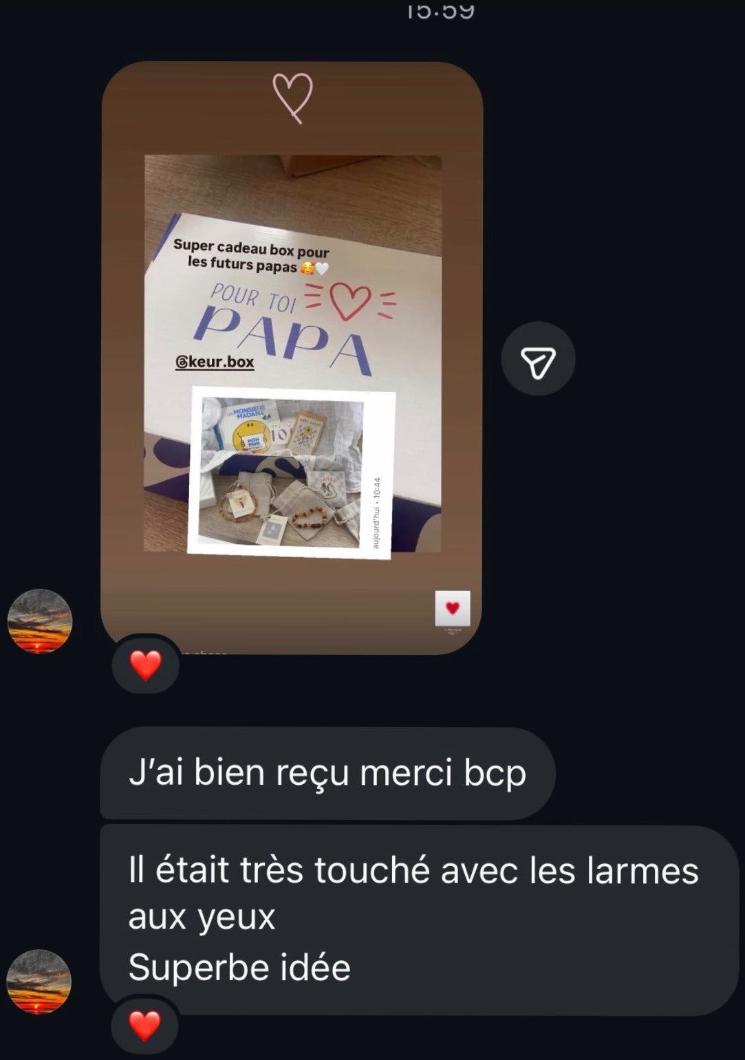 Capture d’écran d’un message Instagram reçu après l’ouverture d’une box KEUR.