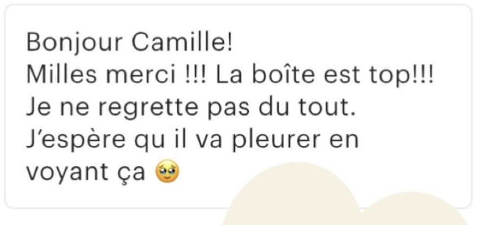 Capture d’écran d’un message client remerciant KEUR pour la box reçue.