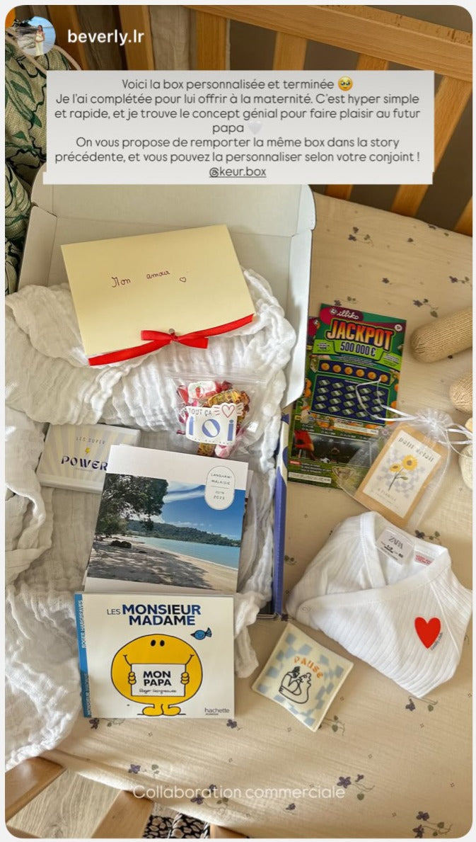 Story cliente montrant une box KEUR personnalisée pour un futur papa.